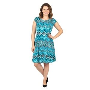 Anne Klein Dress 16 Blue Multicolor Geometric Print Cap Sleeve Modern Classic‎